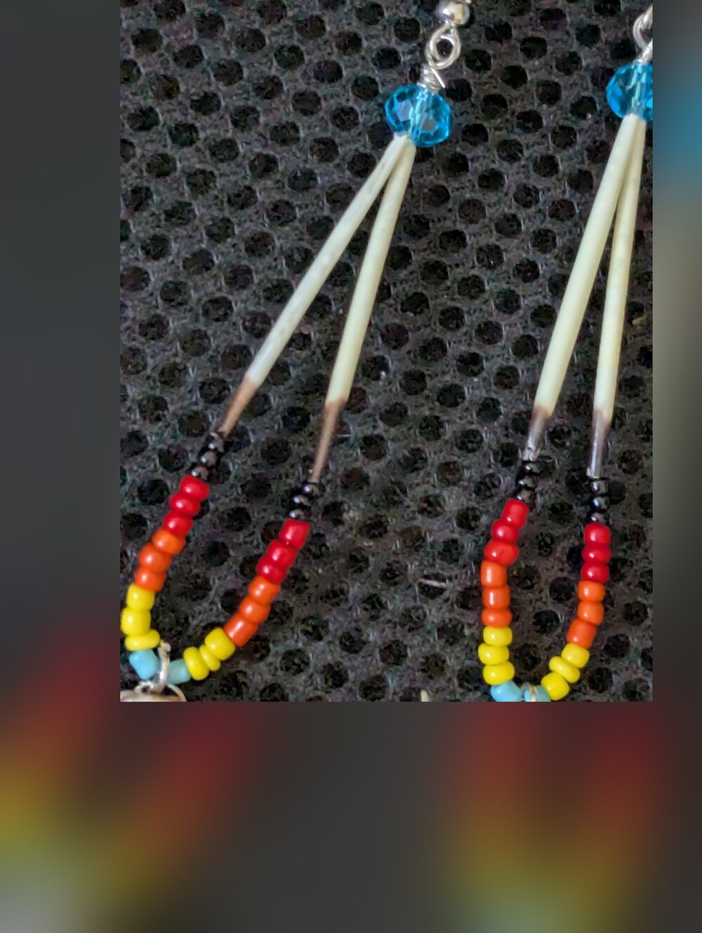 Native American Fire Color Quill Earrings With Shell Spikes - Picture 5 of 5